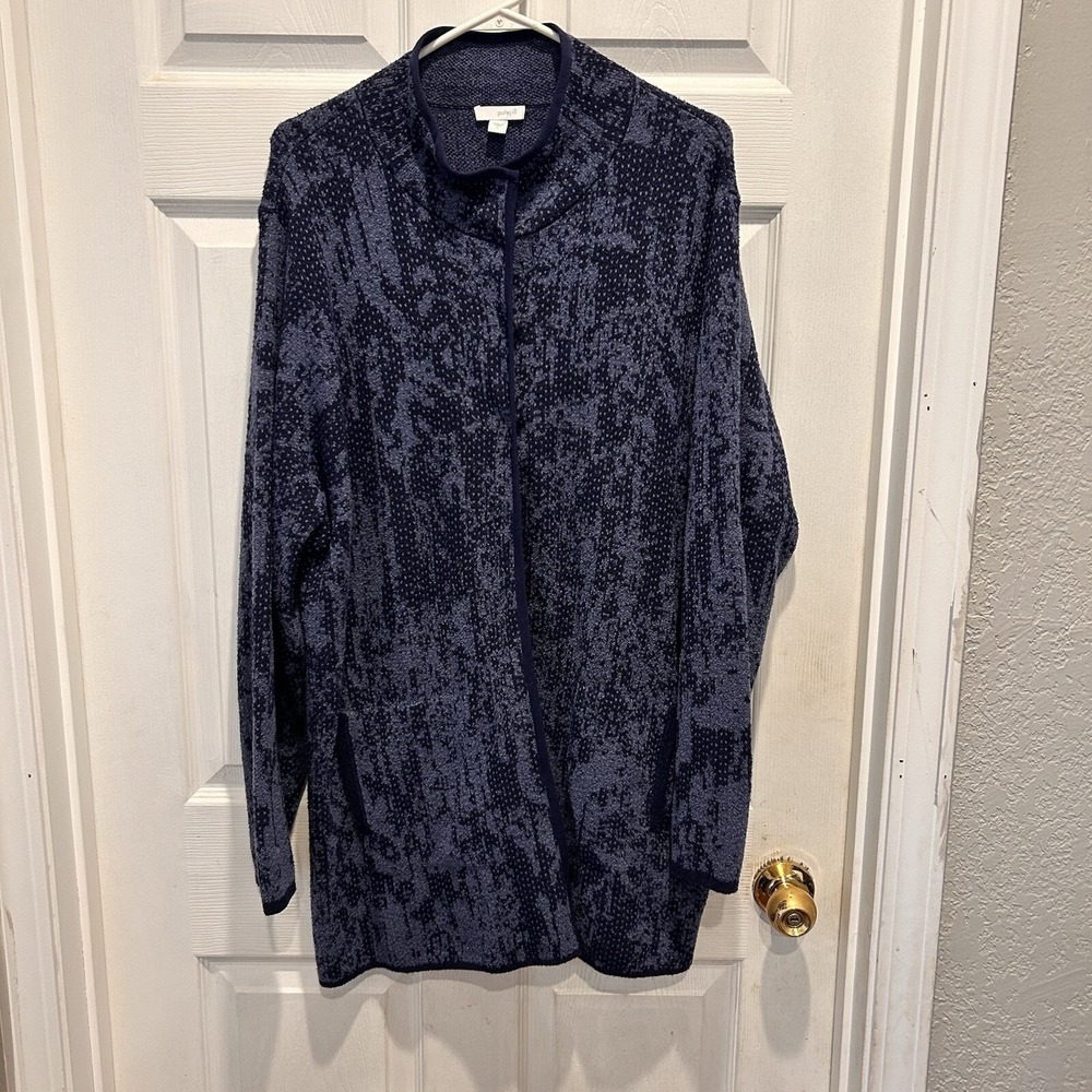 Pure Jill J. Jill Women Large Navy Blue Abstract Knit Longline Cardigan Sweater